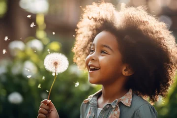 Fotobehang Happy little african american girl blowing a flower in outside, Cheerful child having fun playing and blowing a dandelion into the air in a park, Kid having fun with joy playing with a plant outdoors © alisaaa