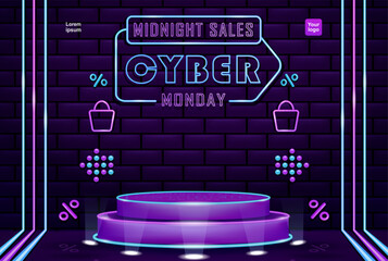 Futuristic podium for Cyber Monday Sales with neon concept, labels, shopping bag icons, arrows and discounts. Suitable for product advertising