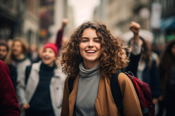 Happy teenage girl protesting with a group of demonstrators in the city - obrazy, fototapety, plakaty