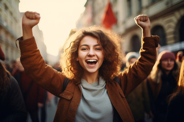 Happy teenage girl protesting with a group of demonstrators in the city - obrazy, fototapety, plakaty