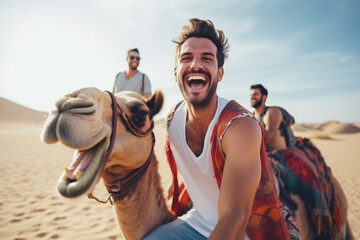 Happy tourist having fun enjoying group camel ride tour in the desert - Travel, life style, vacation activities and adventure concept - obrazy, fototapety, plakaty