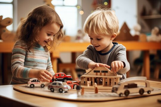 Little children playing with set of wooden road art pathway. Educational leisure. Generate Ai