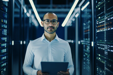 In the Modern Data Center, Portrait of IT Engineer Standing with Server Racks Behind Him, Holding Laptop and Looking at the Camera, Finishing Doing Maintenance and Diagnostics Procedure - obrazy, fototapety, plakaty