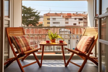 Fototapeta na wymiar view of a tidy shared balcony with two different style chairs