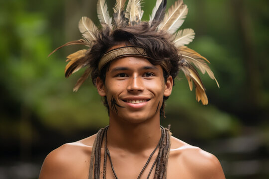 Indigenous Brazilian Young Man Portrait from Guarani ethnicity at Home