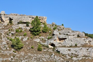 caves carved in the rocks, remains of an ancient city, a hill with carved pits, a rock mountain