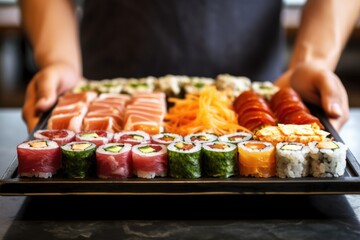 hand serving a tray of assorted sushi rolls