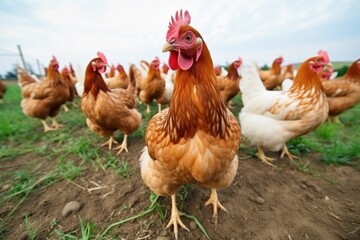 Fototapeta premium hens pecking at the ground in free-range farming