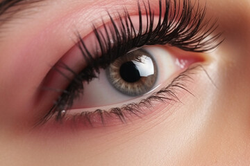 Making makeup in a beauty salon, Applying black mascara to the eyelashes with a makeup brush, Close-up of a woman's eye, Lengthening of the eyelashes after lamination