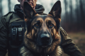 Man in military uniform with German shepherd dog outdoors, closeup - obrazy, fototapety, plakaty