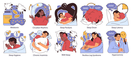 Insomnia set. Diverse characters suffering from sleep deprivation. Sleep and mental disorder. Sleep hygiene and stages. Circadian rhythm maintaining. Flat vector illustration.