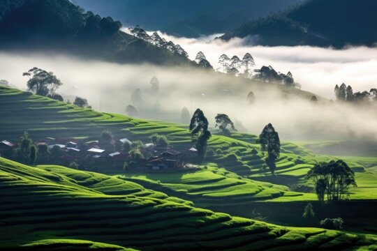 tea plantation hill covered in a cloud shadow
