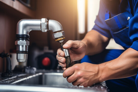 Man, plumber and check faucet pipes for building maintenance, renovation and builder service, Handyman, pipeline and plumbing inspection for leak, drainage and installation of system, sink and repair