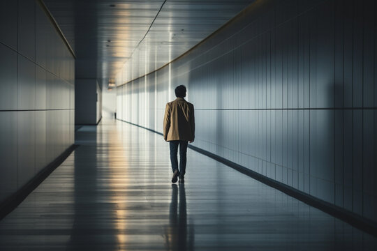 Man walking alone in modern corridor hallway