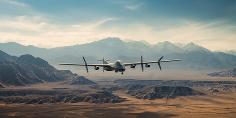 A military drone surveils a vast, barren desert. - obrazy, fototapety, plakaty