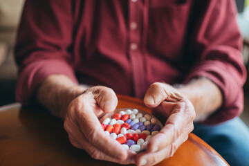 Medicine, healthcare and pills in the hands of a senior man sitting on a sofa in the retirement home, Prescription, medication and antibiotics for chronic treatment and wellness with a pensioner - obrazy, fototapety, plakaty