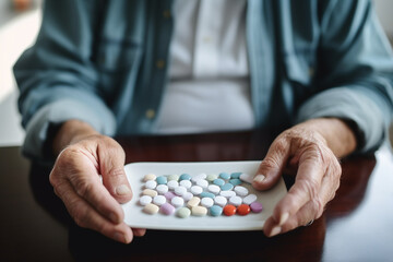 Medicine, healthcare and pills in the hands of a senior man sitting on a sofa in the retirement home, Prescription, medication and antibiotics for chronic treatment and wellness with a pensioner