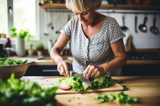 Mature woman, cooking and cutting salad leaf in house and home kitchen for wellness food, health diet and lunch meal, Chef, nutritionist and person with cuisine knife for vegetables or dinner recipe