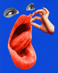 Wide open giant female mouth eating cherry over blue background. Contemporary art collage. Concept of food, taste, surrealism, creativity. Pop art style. Poster, ad