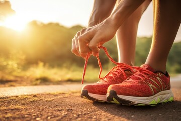 Man tying shoelaces before running sunny outdoor. Sport fitness exercise sunny wear. Generate Ai - obrazy, fototapety, plakaty
