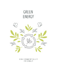 Environmentally friendly planet concept. Vector sketch illustration of sign with leaves. Think Green. Protect the World from pollution concept.