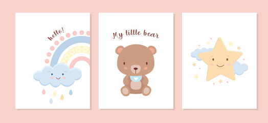 Cartoon cute children's posters. Vector design for children's room décor, textiles, clothes, party for expectant mother. The Bear, the Star and the Rainbow