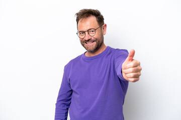 Middle age caucasian man isolated on white background with thumbs up because something good has happened