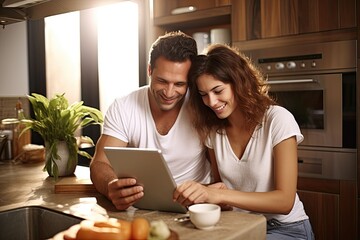 Cheerful couple sitting in the kitchen, using a tablet and enjoying each other's company in their modern home. - obrazy, fototapety, plakaty