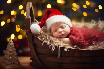 Newborn in a cradle near a Christmas tree. Baby it is a Christmas present