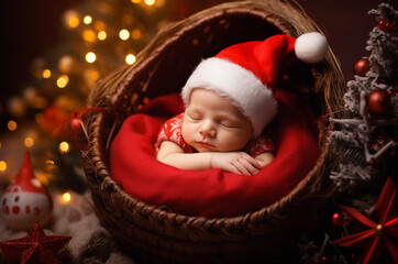 Newborn in a wicker basket near the Christmas tree