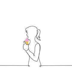 woman eating pink ice cream in a cone - one line art vector. concept sweet tooth, ice cream connoisseur