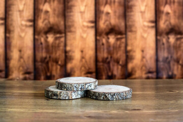 Wooden podium mockup on wooden background copy space, beauty or food products 