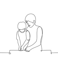 father and little son are doing something with their hands - one line art vector. concept handicrafts, activities with a child, teacher and student