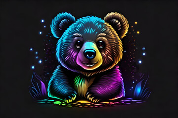 Illustration of a bear on a black background with colorful lights, skull, vector, art, illustration, head, tattoo, symbol, halloween, face, design, lion, king, monster, decoration, horror, zombie