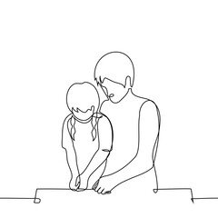 father and daughter are doing something with their hands - one line art vector. concept handicrafts, activities with a child