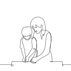 mother and little daughter are doing something with their hands - one line art vector. concept handicrafts, activities with a child, teacher and student