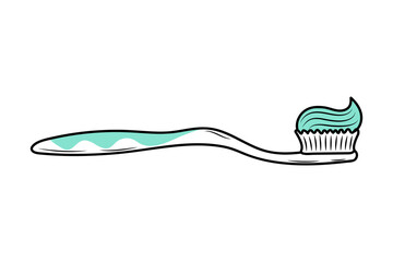 Toothbrush with toothpaste. Linear doodle illustration with blue shapes. Dental care, oral hygiene concept.