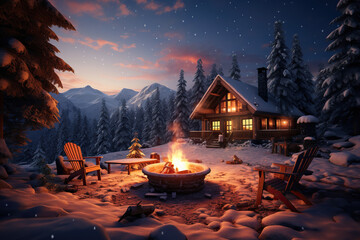 A winter night view on cozy wooden house with fireplace and stunning mountains panorama