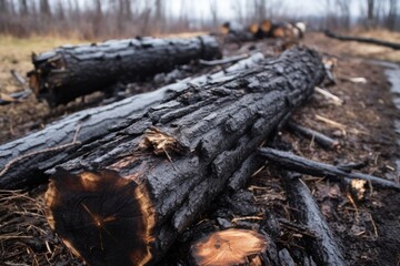 charred wood pieces, aftermath of a forest fire