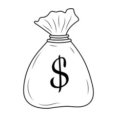 Money bag with dollar sign. Linear doodle icon. Wealth, success, bank or finance concept.