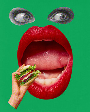Naklejki Wide open female mouth with red lipstick eating burger over green background. Fast food lover. Contemporary art collage. Concept of food, taste, surrealism, creativity. Pop art style. Poster, ad