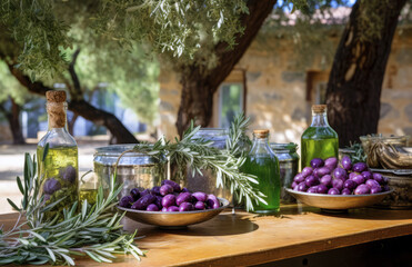 Olives   with olive oil in a bottleon the table in a rustic style. The concept of the Mediterranean diet. Olive oil production