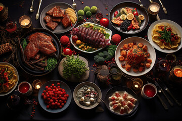 A top view on wooden table full of various dishes for Christmas celebration