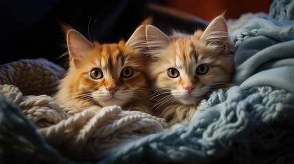 two cute fluffy long-haired red cats on a knitted blanket in a wicker basket, kittens, pets, domestic, postcard, wallpaper, animal, care, eyes, whiskers, wool, comfort, home, portrait, feline