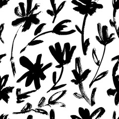 Dry Brush Flower Seamless Pattern. Hand Drawn Artwork Background.