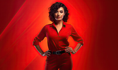 Fototapeta premium Elegant woman in vibrant red showcases her individuality and confidence in a centered pose.