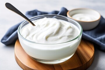 plain greek yogurt in a bowl with a spoon beside