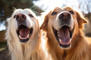 close up of two dogs barking loudly face to face - obrazy, fototapety, plakaty