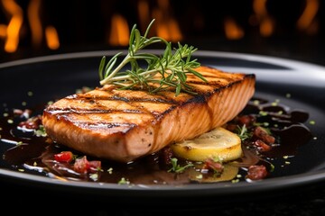 Culinary Elegance: Detailed Shot of Grilled Salmon in an Upscale Restaurant