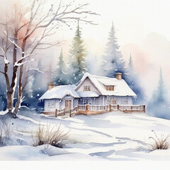 Naklejka premium Watercolor Winter Season And Watercolor Winter House Background
